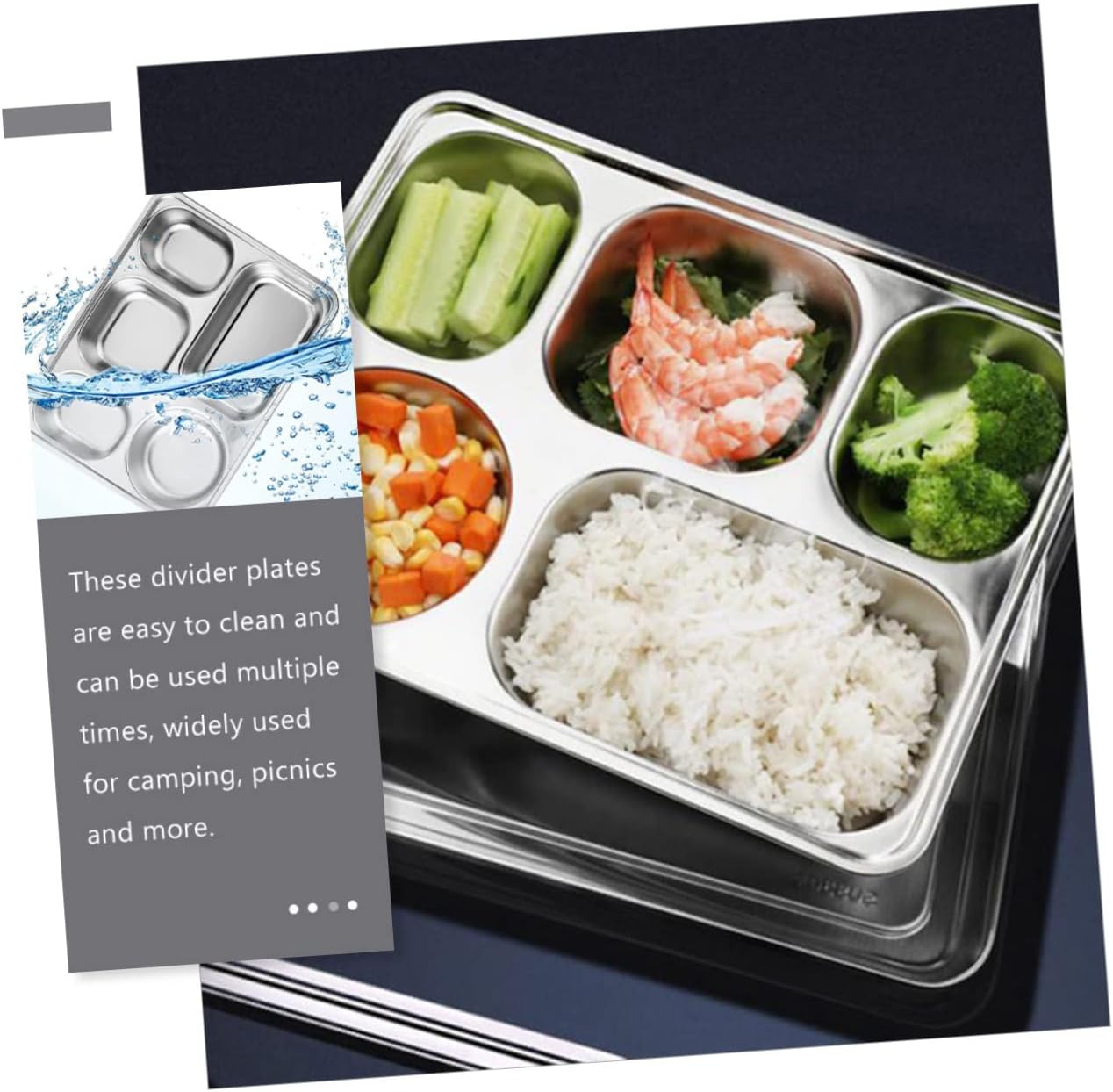LABRIMP 3pcs Stainless Steel Divided Lunch Rectangular Cafeteria Plates for Meals Food Containers for School Camping and Buffets