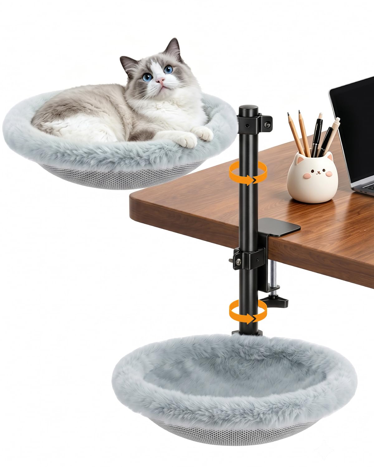 Doppel Katzenbett für Schreibtisch Höhenverstellbar 360° Drehbar Katzen Hängematte Doppelstöckig mit 2 Bezügen Mesh & Kunstfell Stabiler Stahlrahmen bis 30kg Büro Home Office