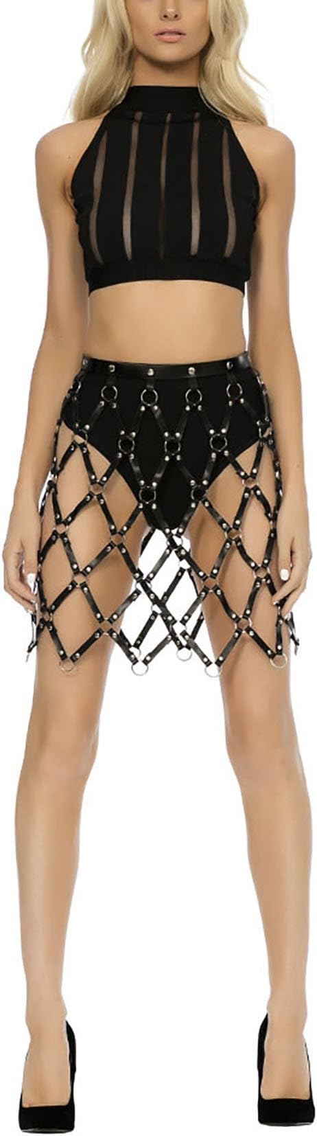 Women's Adjustable Hollow Out Sexy Leather Short Weaved Skirts Fashion Body Harness (Black)