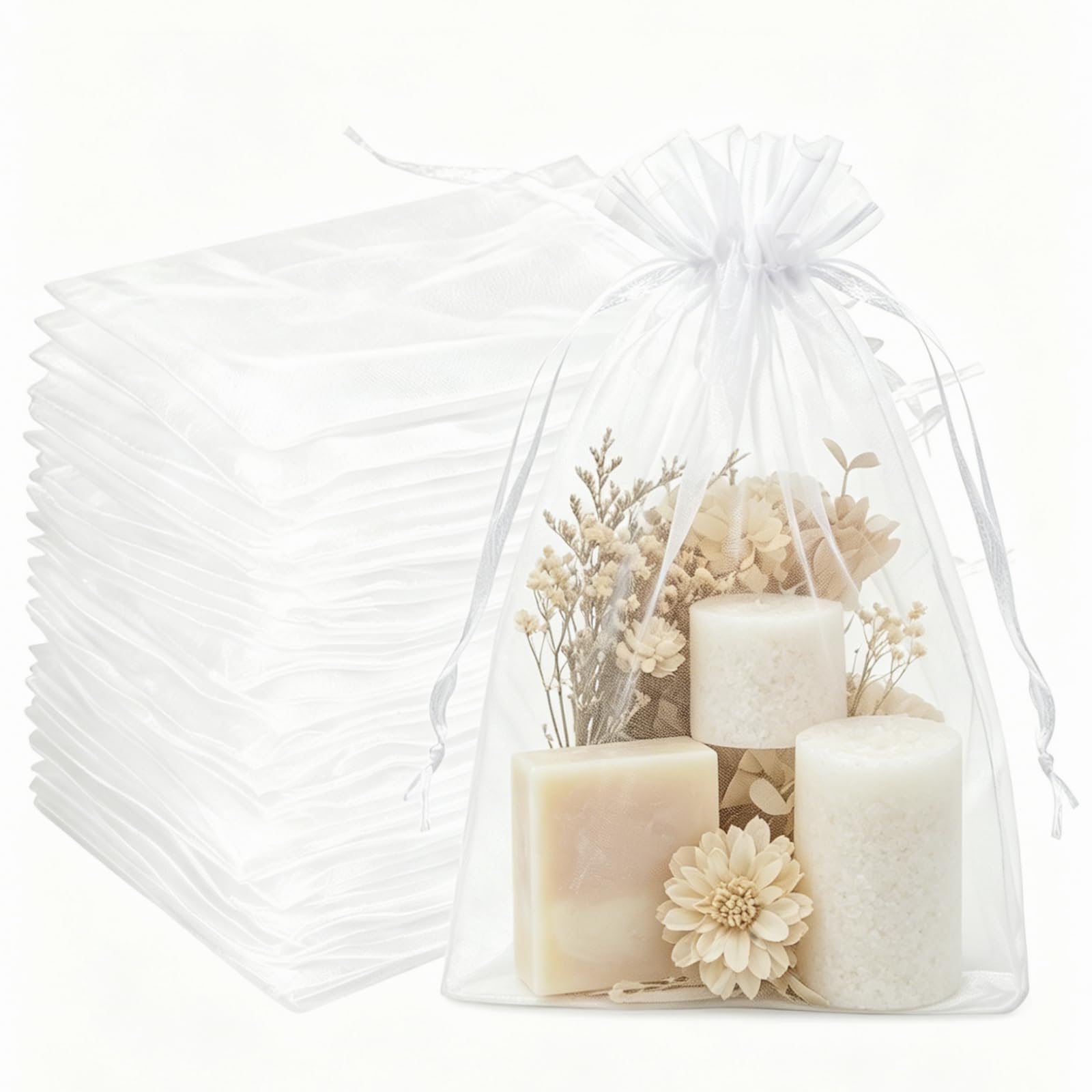 SXUUXB Organzasäckchen 17x23 cm Weiß 100 Stück Kleine Säckchen zum Befüllen Geschenksäckchen mit Kordelzug für Verpackungstüten, Seifensäckchen, Schmuckbeutel, Geschenktüten