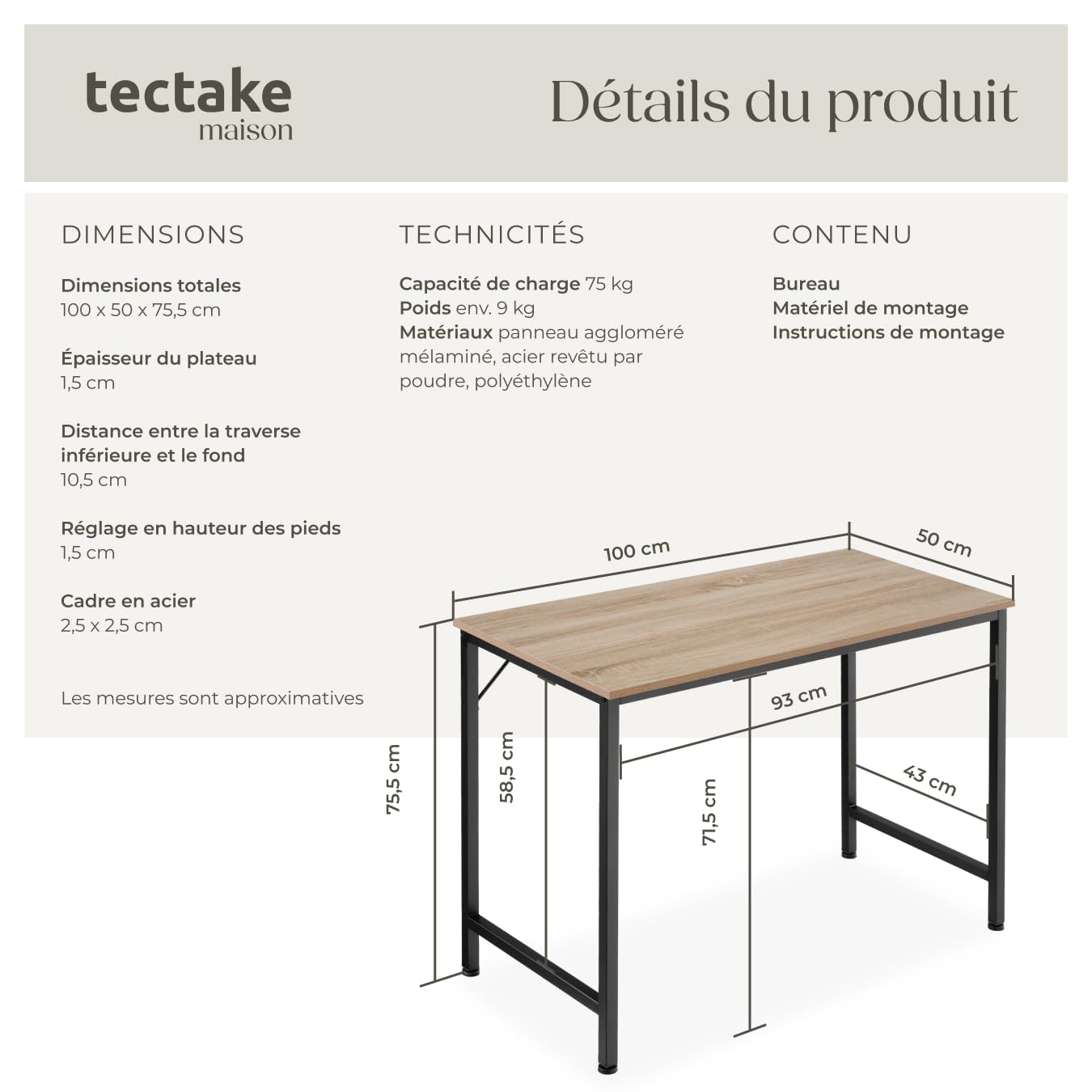 tectake® Table de Bureau Design Industriel en Bois MDF & Acier Bureau Ergonomique 100x50x75,5cm Bureaux Informatique Bureaux Ordinateur Teletravail - Bois Clair Industriel Chêne Sonoma