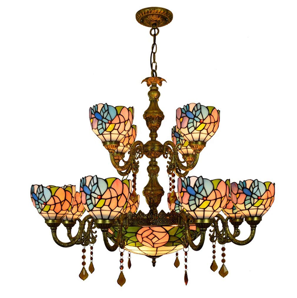 YNIYUJKL Tiffany-Style Large 2 Tiers Ceiling Lamps Chandelier, Stained Glass Little Bird Crystal Many Arms Pendant Lights Fixtures, For Dining Room, Hotel, Stairway