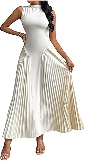 GORGLITTER Women's Pleated A Line Maxi Dresses Mock Neck Tank Sundress Wedding Guest Dress