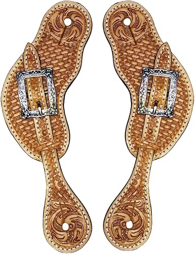 HILASON Tan Western Leather Spur Straps Tan Basket Weaving Floral