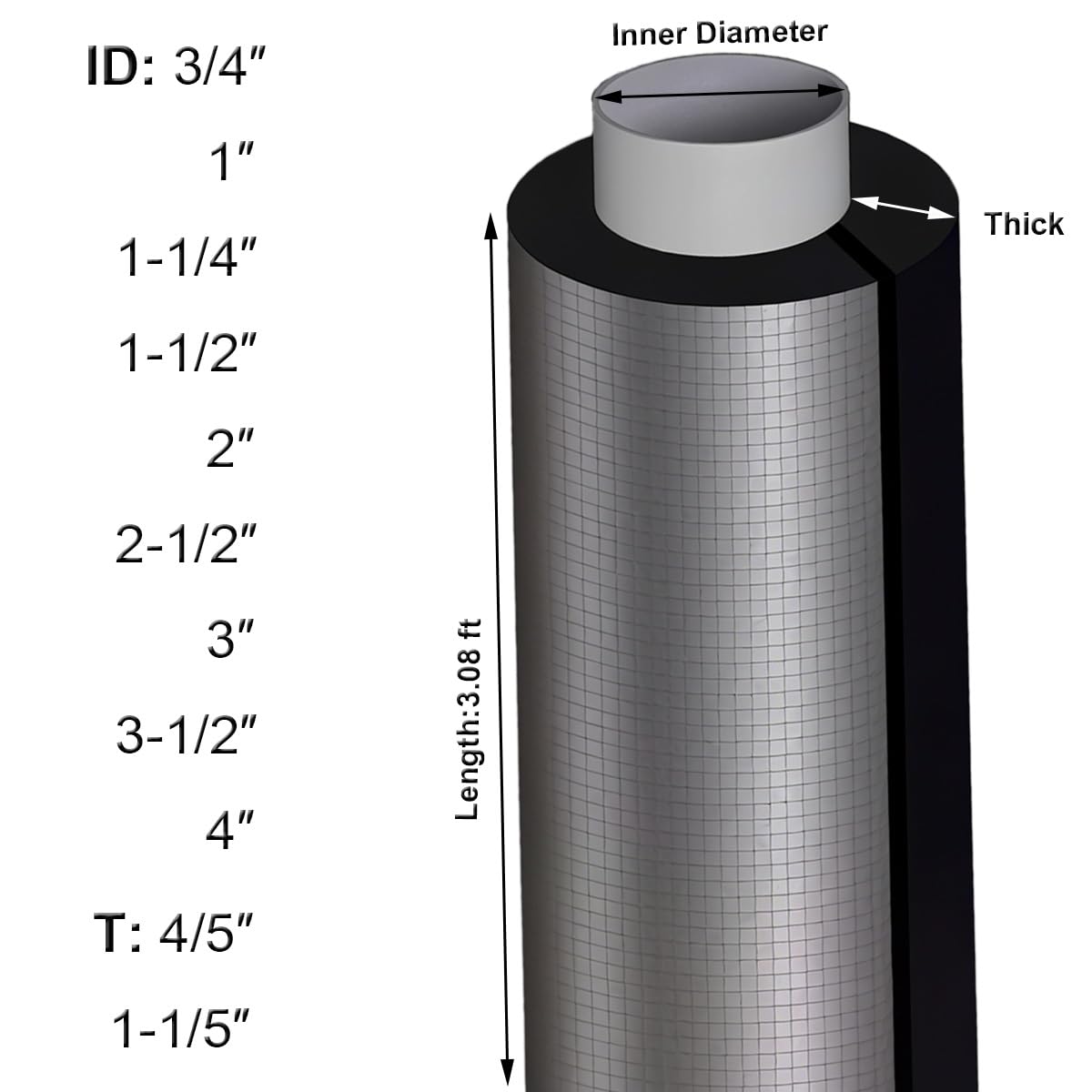 Tubo flessibile in schiuma isolante per tubi da 1,9 cm a 10,2 cm ID, involucro autoadesivo in alluminio, 1 confezione (ID 1-1/2 ″xT 1-1/5 ″)