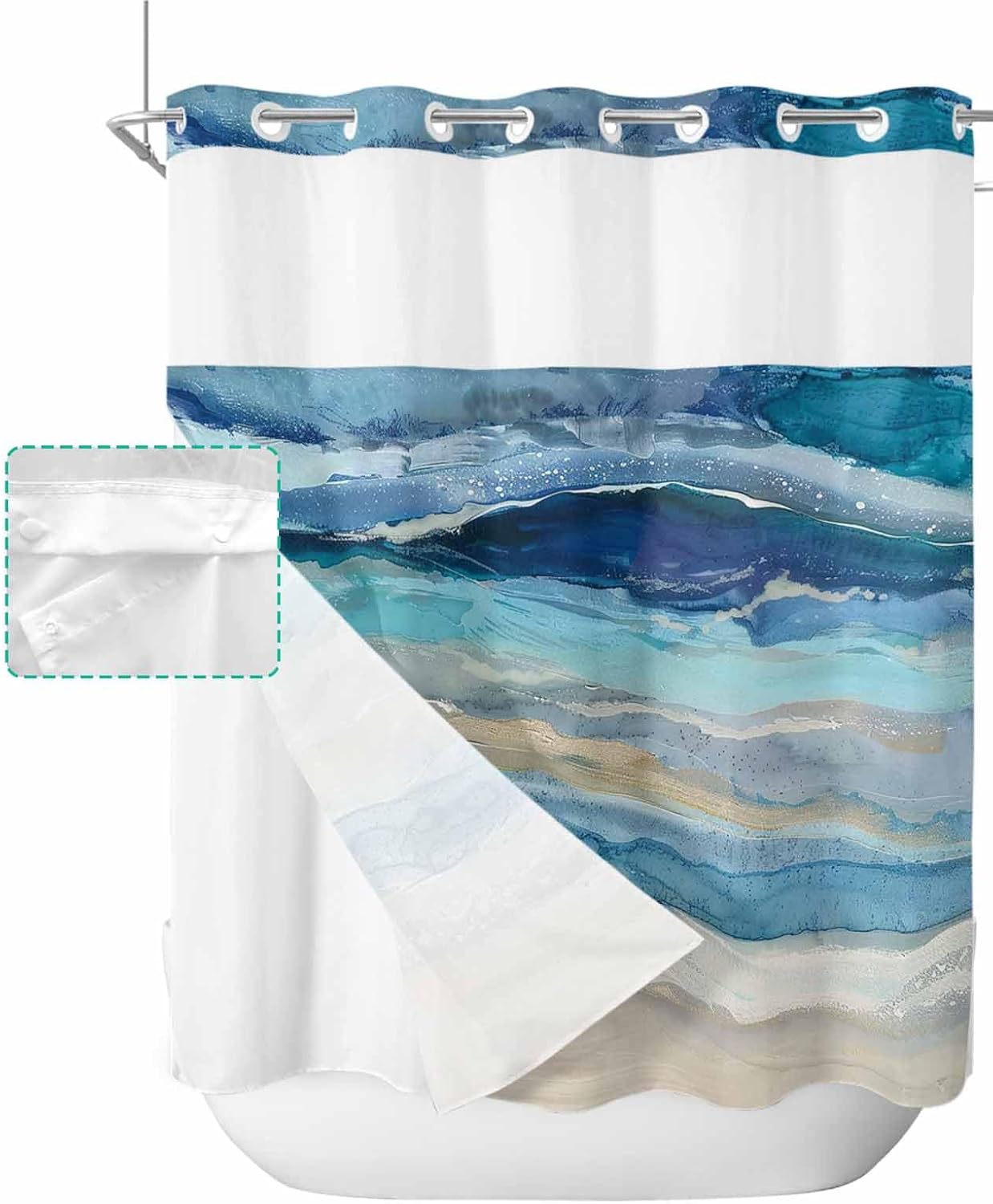 SEVENBABU Abstract No Hook Shower Curtain with Snap in Liner Waterproof Fabric Shower Curtain Set for Bathroom Abstract Ocean Wave Beach Ombre Blue Shower Curtain with See Through Top Window 72"x72"