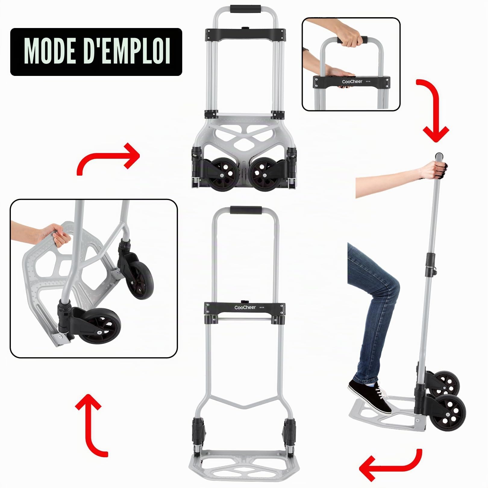 COOCHEER Diable Pliable Charge 120kg, Chariots de manutention 2 Roues avec Poignée Télescopique en Aluminium