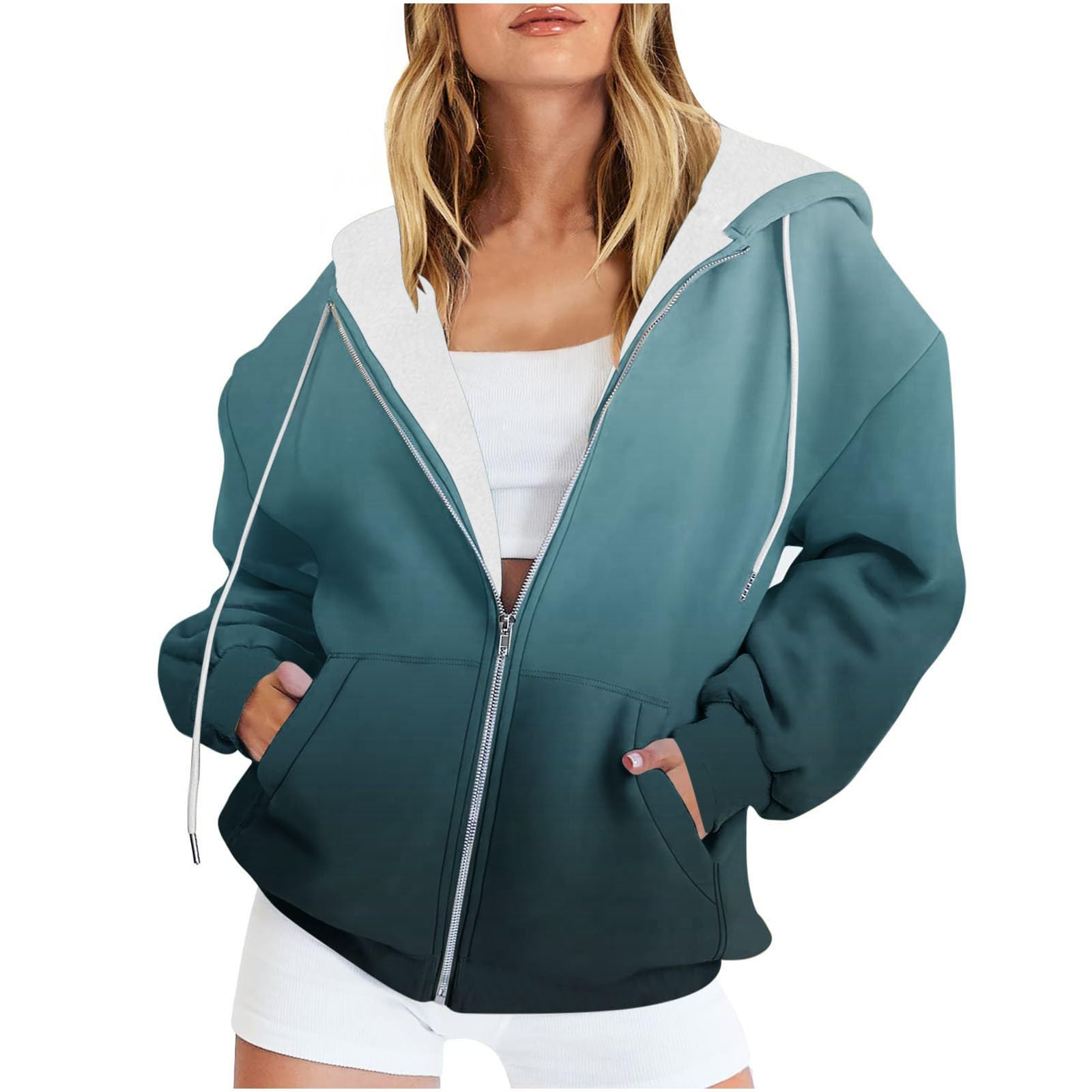 Womens Zip Up Hoodies Sherpa Lined Fleece Thermal Jacket Full Zip Long Sleeve Sweatshirts Gradient Color Shirts Coat