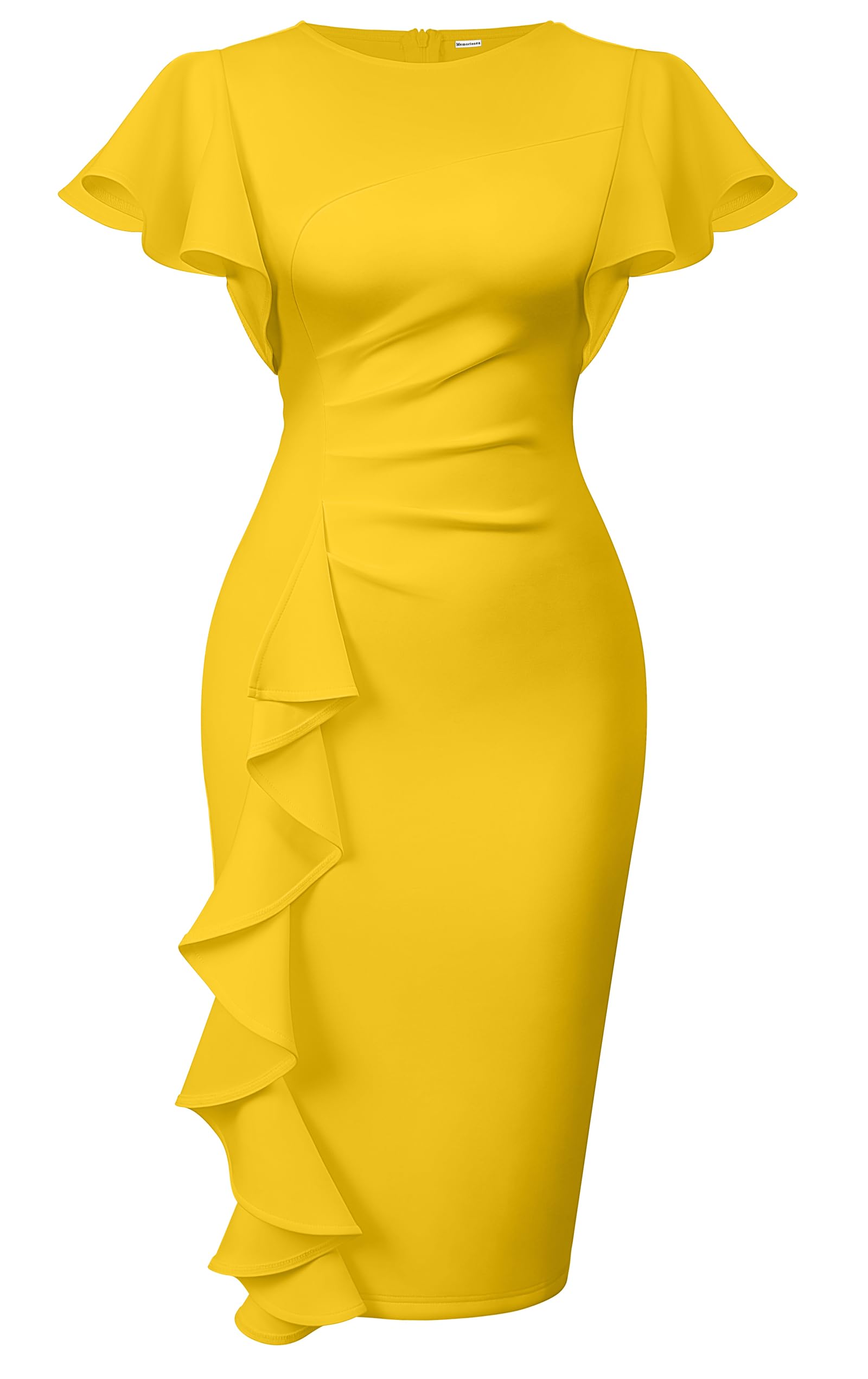 Memoriesea Vestido de tubo para mujer, vintage, con volantes, fruncido, entallado, para el trabajo, para ir a la iglesia
