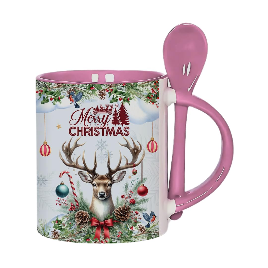 Merry Christmas Reindeer, Winter Snowflake, Festival Holiday, X-mas Gift, 11oz Inside Colour with Spoon Ceramic Coffee Mug. (Pink)