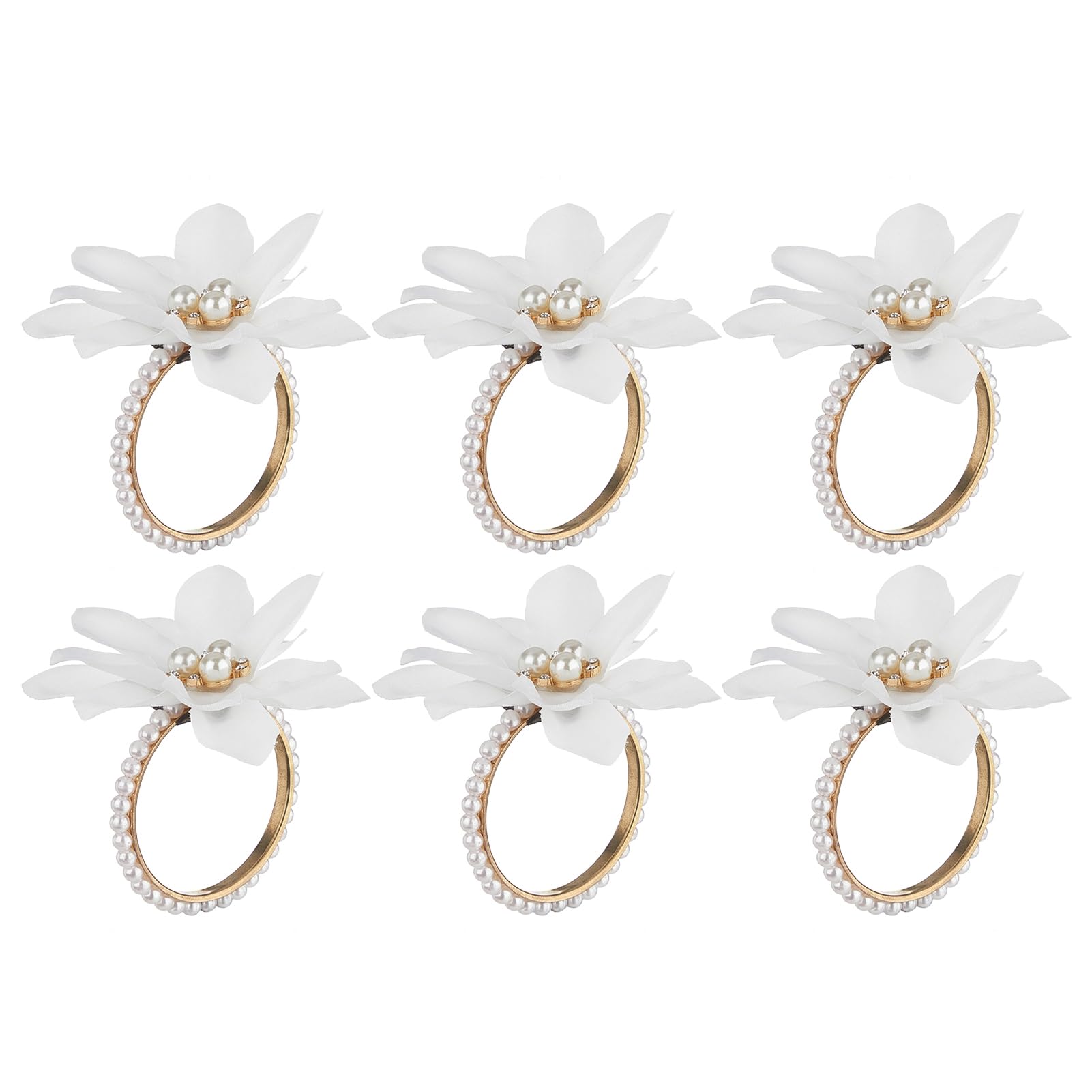 6Pcs White Lotus Napkin Rings, Chiffon Flower Metal Holders – Faux Pearl Dinner Decor for Wedding, Bridal Shower Table A 6pcs