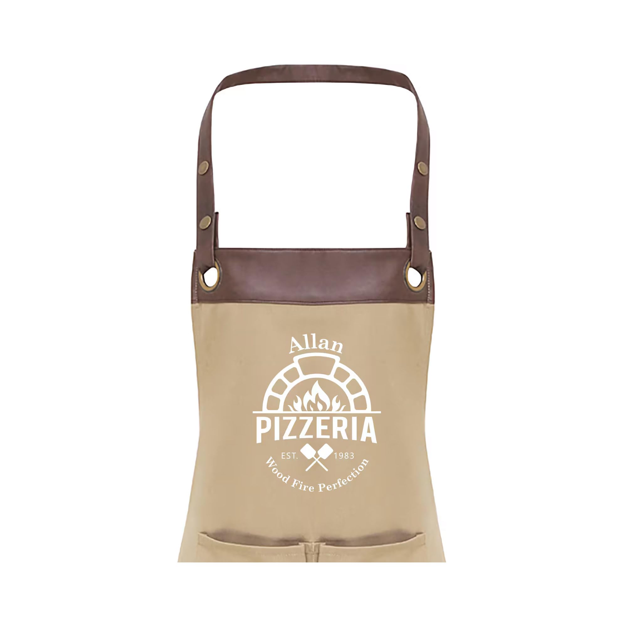 Premier Faux leather trim Mens/Ladies Personalised Pizza Apron, Cook, Pizzaria, Cooking, Unisex Apron With Pockets (Tan Brown)
