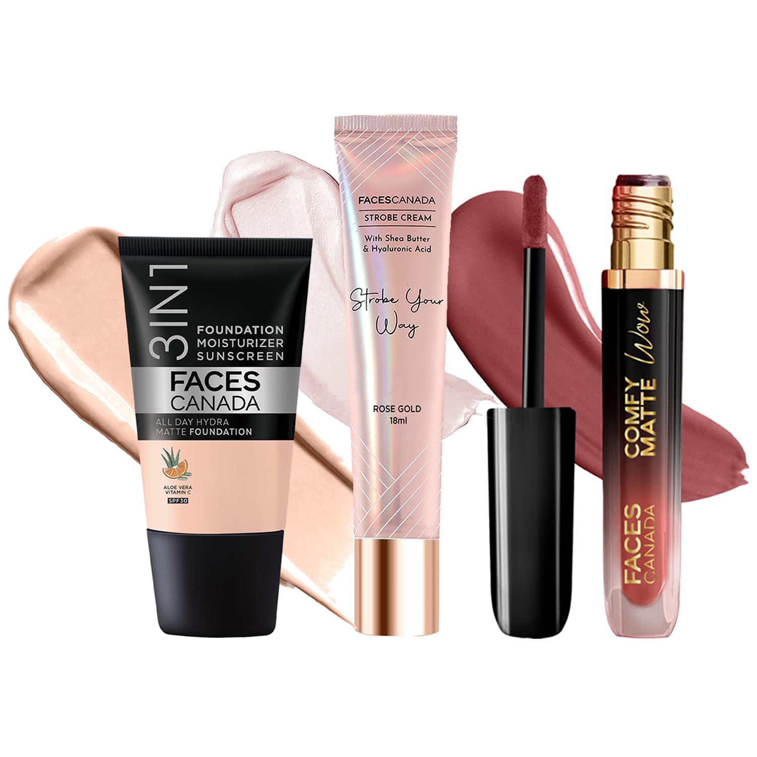 FACES CANADA Celeb Glow Combo |Strobe Cream - Rose Gold, 18ml + Hydra Matte Foundation - Rose Ivory, 18ml + Comfy Matte Wow - Choco Couture, 3.8ml | Highlighter | Highly Pigmented | Pack of 3-image-46
