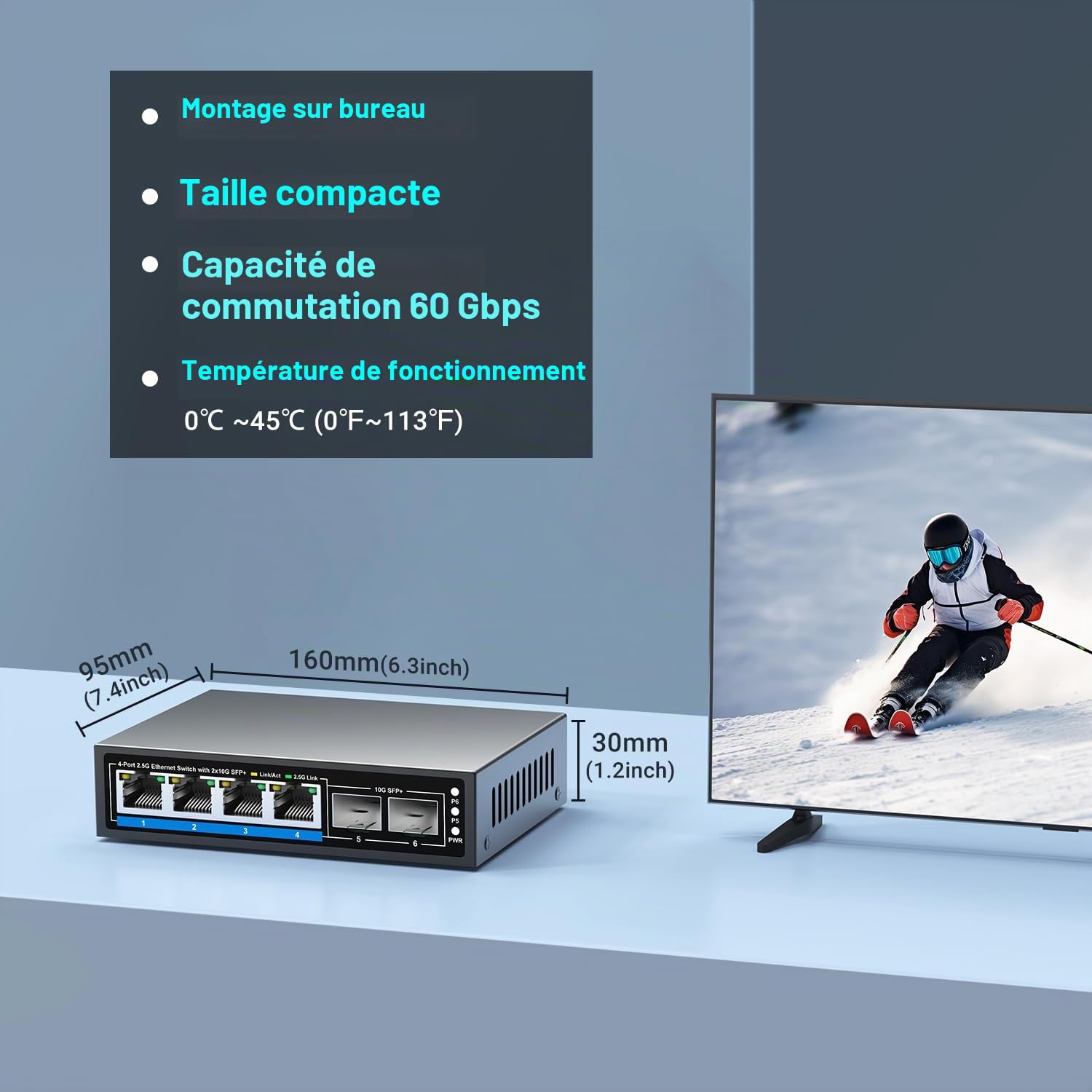 Switch Ethernet Non géré à 6 Ports de 2.5Go avec 4 Ports Base-T 2.5G, 2 Ports SFP+ 10G. Switch réseau GiGaPlus 2.5 Gbit/s pour NAS/PC 2.5Gbit/s, routeur WiFi6, Point d'accès sans Fil, Plug and Play