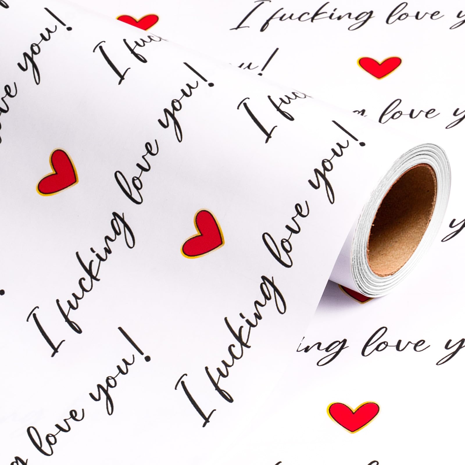 Wikadlik Funny Romantic Wrapping Paper - 43cm x 5m Mini Roll Sassy "I Love You" Script and Red Heart Pattern Gift Wrap for Couples, Valentines Day, Anniversary