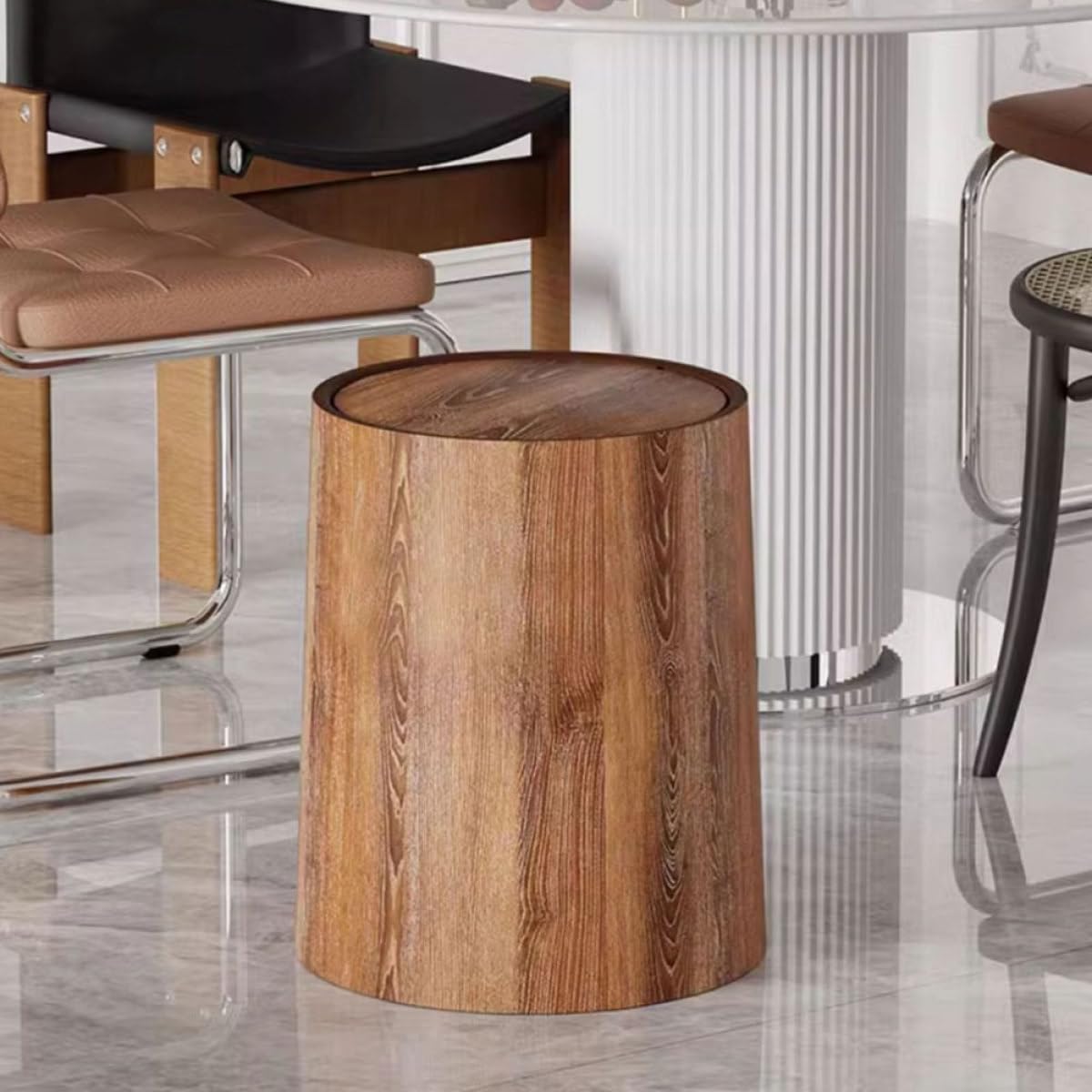 Kichvoe Papelera de Plástico Pp Imitación Madera 15l Tapa Abatible para Hogar y Oficina, Cubo de Basura Grande Decorativo para Baño, Sala y Dormitorio, Bote Resistente y Fácil de Limpiar