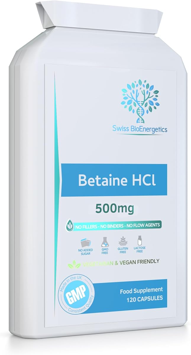Betaine HCl 500mg per Capsule - 120 Vegan Capsules | High Strength Betaine Hydrochloride | No fillers, No Binders & No Flow Agents | Non-GMO, Gluten Free & SOYA Free | Made in The UK