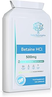 Betaine HCl 500mg per Capsule - 120 Vegan Capsules | High Strength Betaine Hydrochloride | No fillers, No Binders & No Flow Agents | Non-GMO, Gluten Free & SOYA Free | Made in The UK