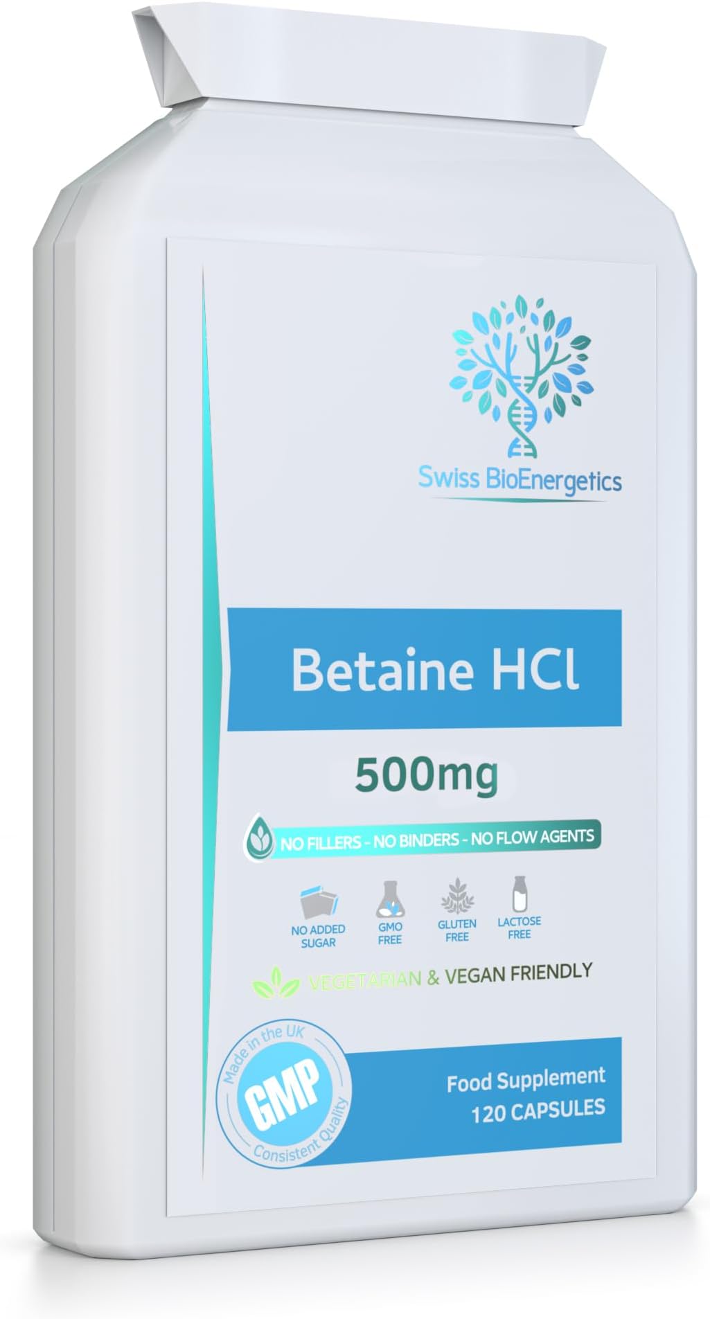 Betaine HCl 500mg per Capsule - 120 Vegan Capsules | High Strength Betaine Hydrochloride | No fillers, No Binders & No Flow Agents | Non-GMO, Gluten Free & SOYA Free | Made in The UK