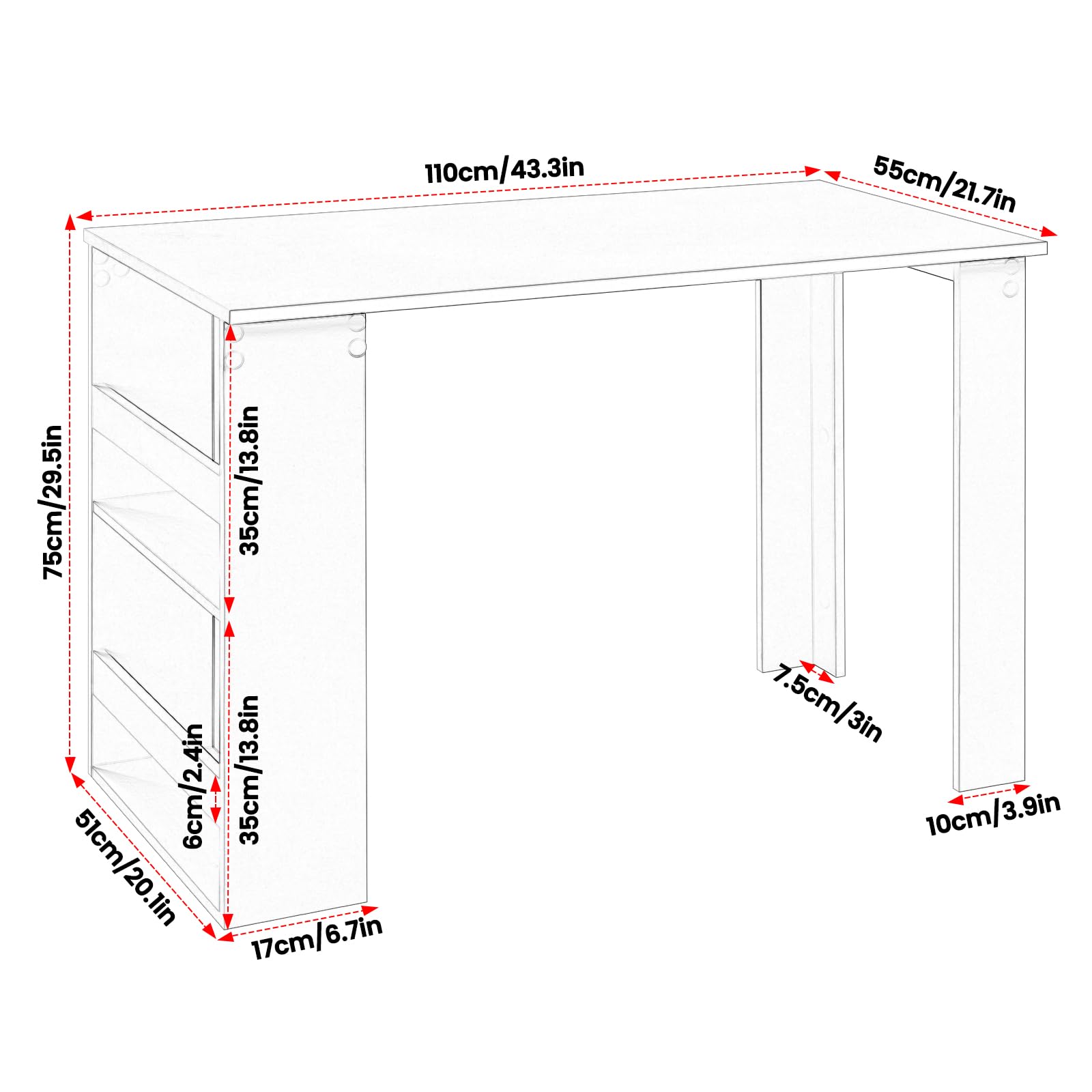 Scrivania Con Libreria ESituro - 5 Ripiani, Design Scandinavo, 113.5x45x139 Cm, Bianco/Quercia - Foto 5