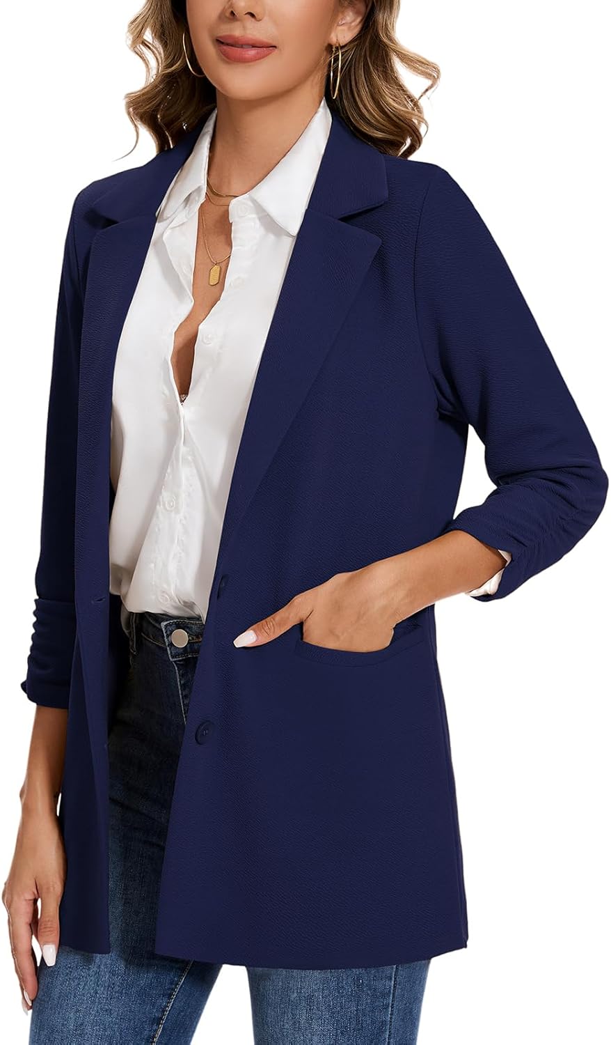 MINTLIMIT Women's Casual Long Blazer 3/4 Ruched Sleeve Lapel Button Front Work Office Blazers Suit Jacket with Pockets