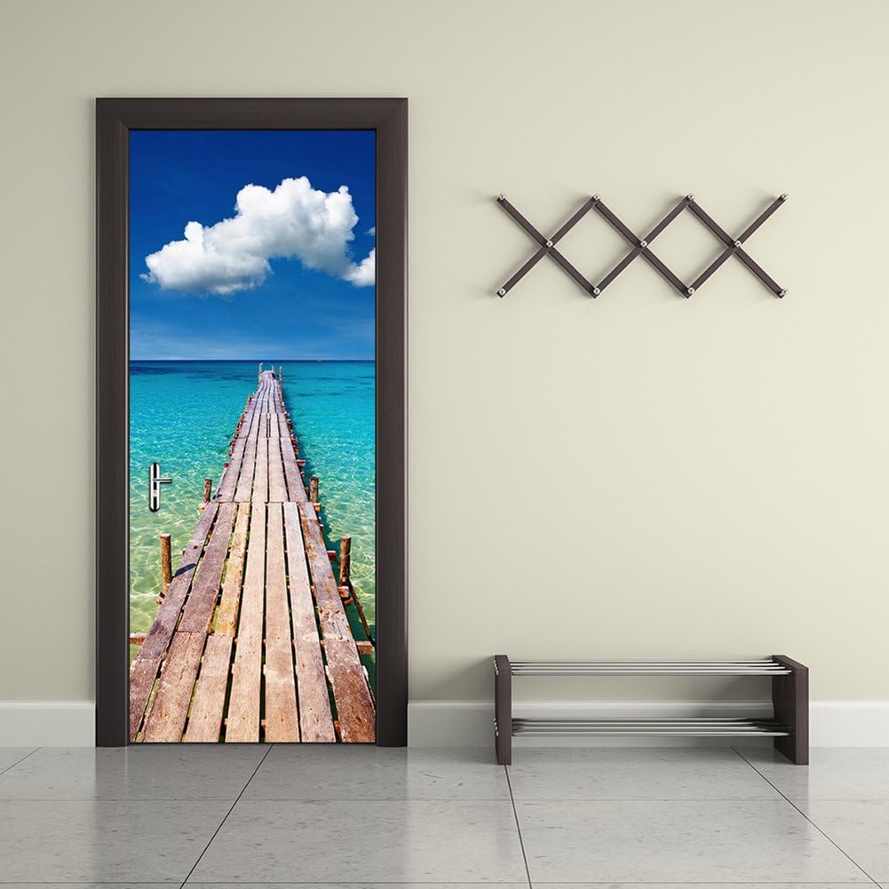 3d Door Wall Stickers Murals Decal, Ocean Wood Long Pier Self-adhesive Waterproof Wallpaper Home Decor