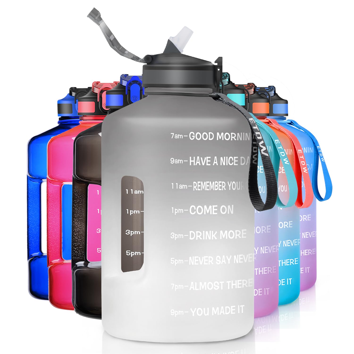 ETDW Gallon Water Bottle with Straw and Time Marker, 128OZ/74OZ Huge Sport Drinking Bottle with Handle BPA Free, Leakproof Big Water Container for Fitness, Gym, Yoga and Outdoor