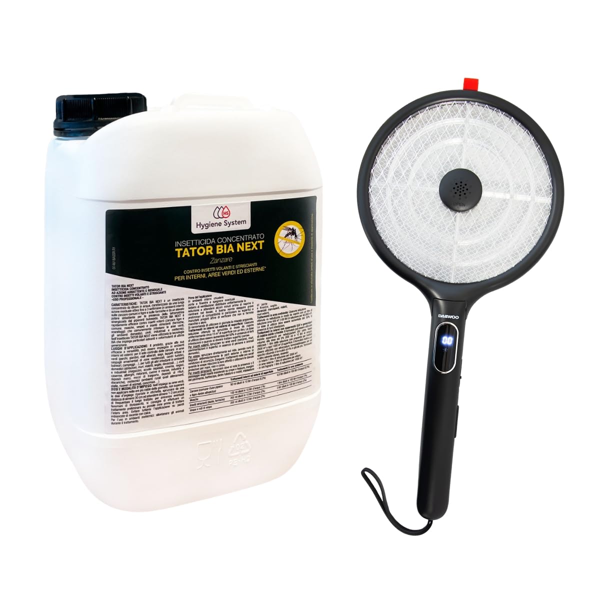 Hygiene System Kit Antizanzare: Insetticida Zapi Tator BIA Next 5 L + Racchetta Elettrica (Nero) – Contro Zanzare, Mosche e Insetti Volanti per Giardini e Terrazze