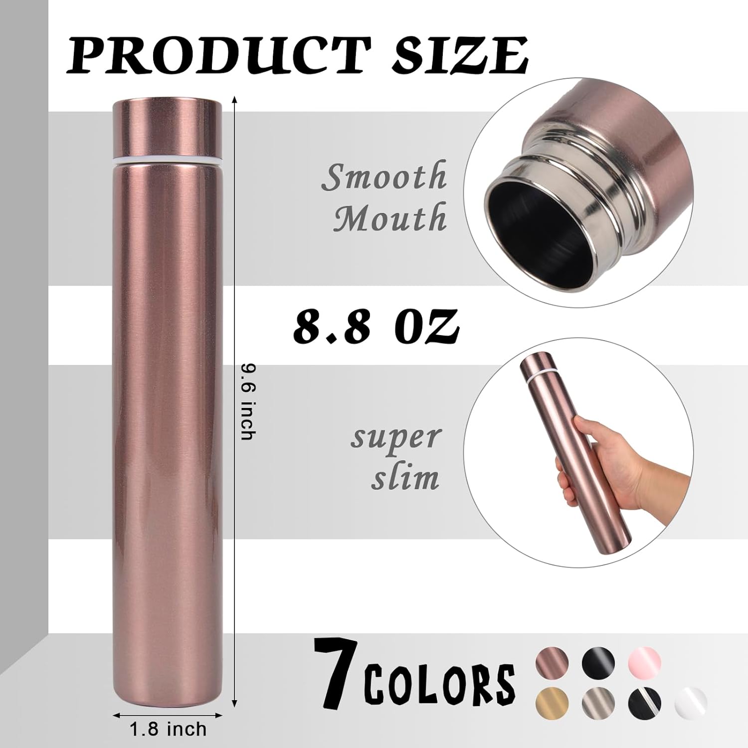 ChezMax Slim Thin Stainless Steel Vacuum Insulated Water Bottle Leak Proof Eco-Friendly Travel Cup Sports Drink Bottle 8.8 OZ Pink - Image 3