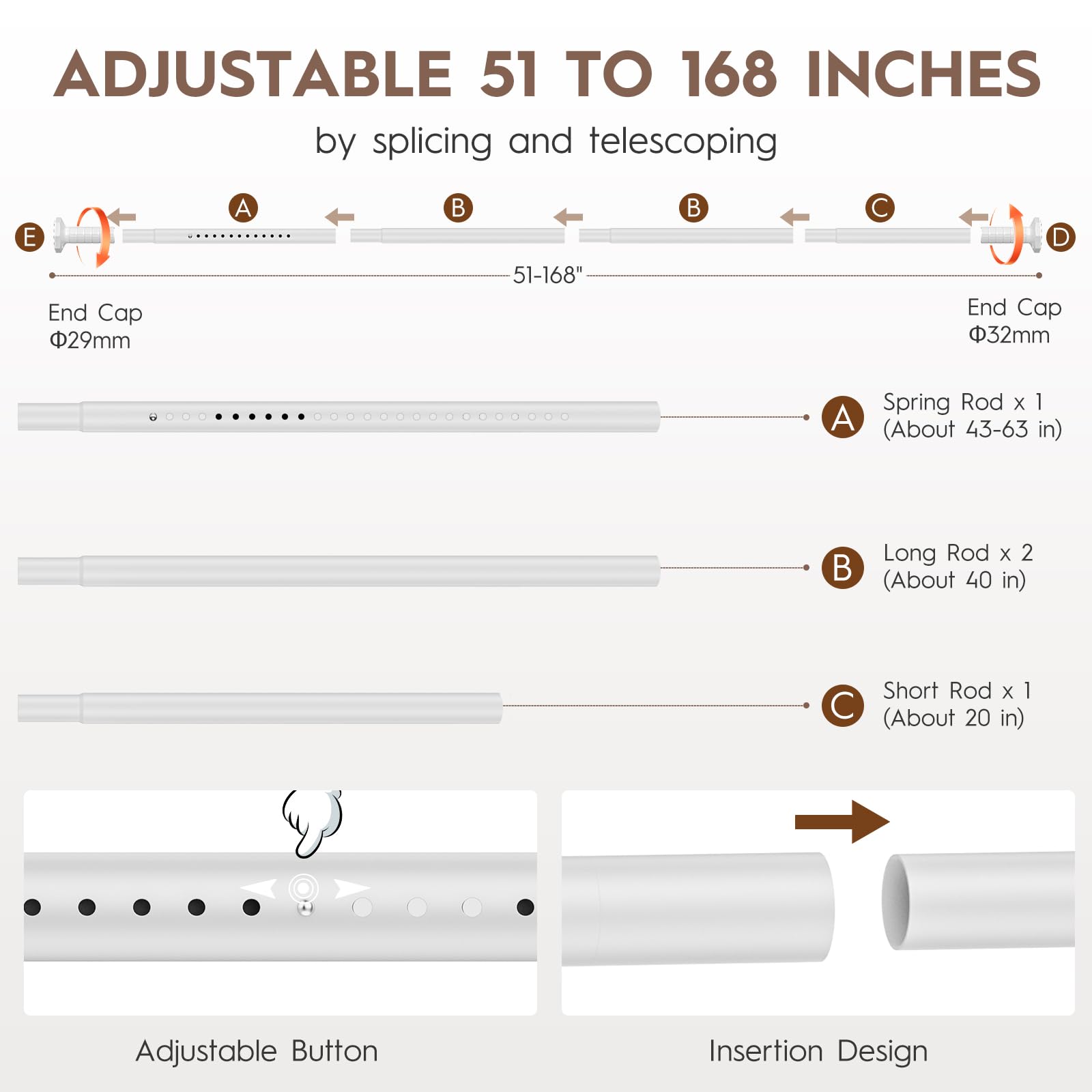 Bastone per tenda a tensione, 130-400 cm, senza foratura, extra lungo, per esterni, per patio, aste a molla regolabili per finestra del bagno, facile da installare, non arrugginisce, bianco