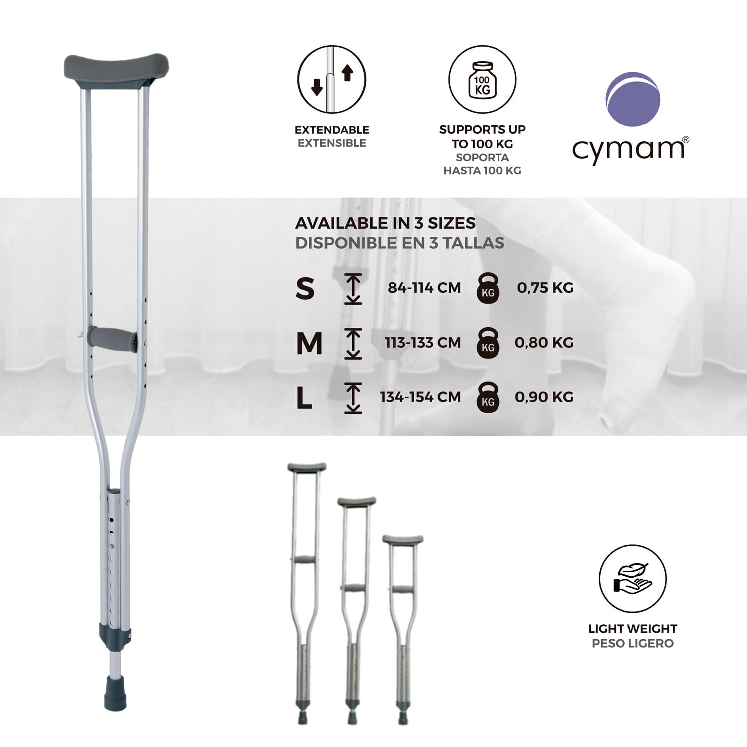 Muletas Axilares Anatómicas – Pack de 2 Unidades - Talla M (113–133 cm) - Aluminio Resistente, Regulables en Altura con Almohadilla Axilar de Caucho