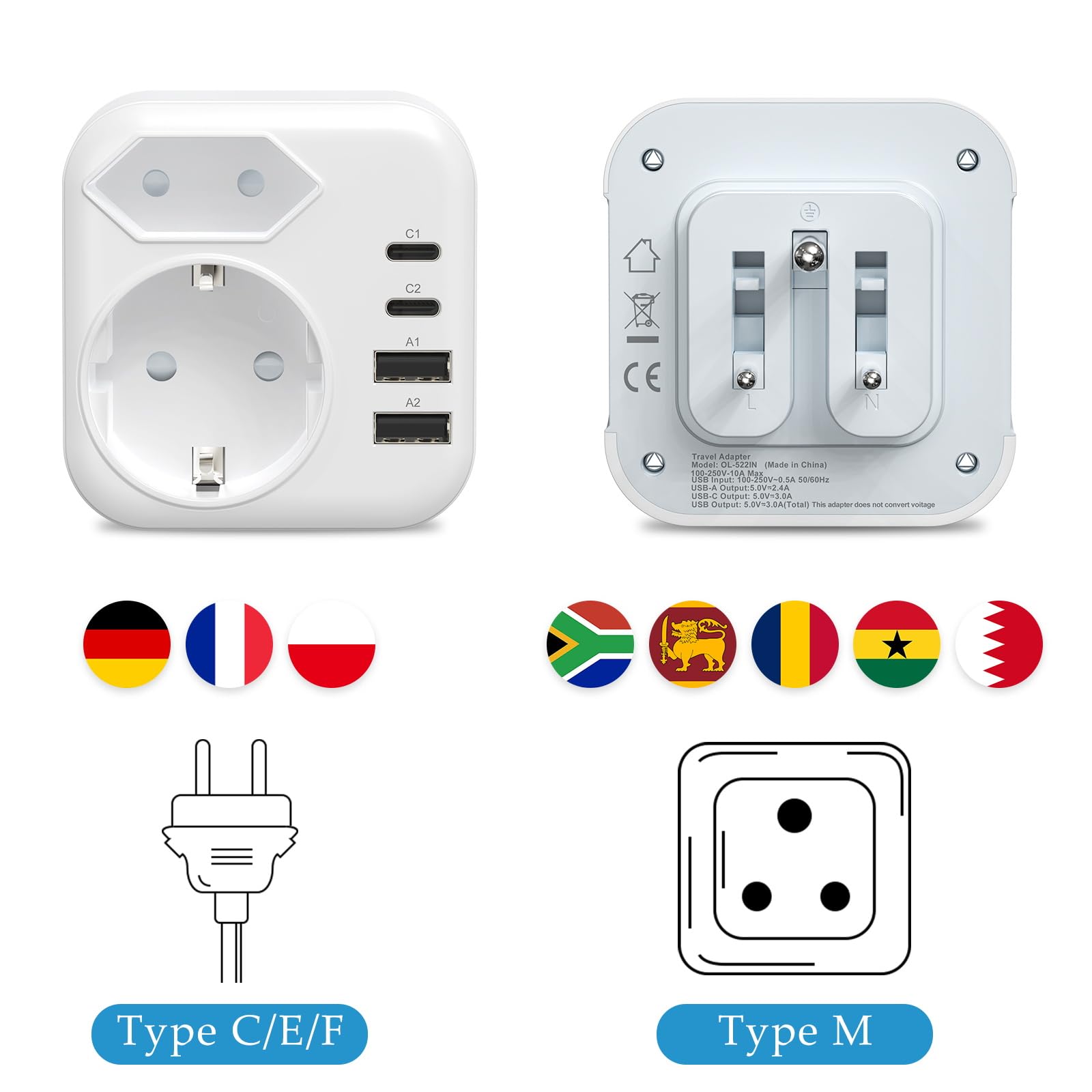 2 Adattatori Da Viaggio UE A Spina Tipo M Per Sud Africa, Namibia, Botswana – 4000W, 250V, 16A, Certificati CE