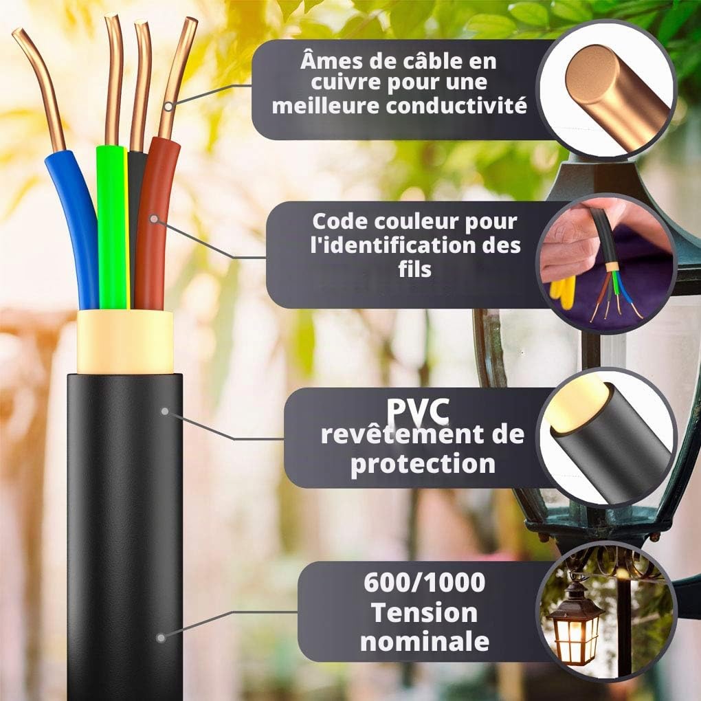 Câble de terre NYY-J courant fort - De 5 à 50 m - 4 x 6 mm² - Câble électrique OFC - Anneau pour pose en extérieur, en sous-sol (5 m)