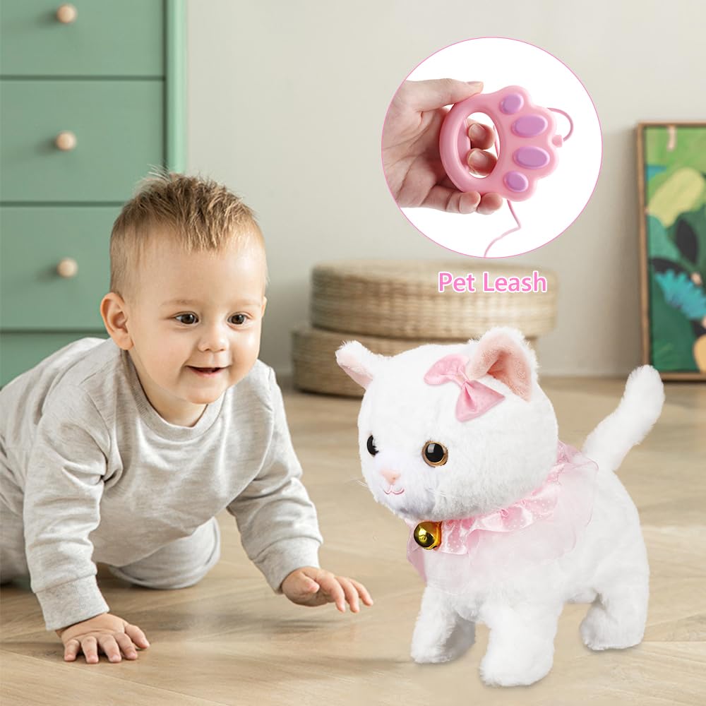 Lotvic Jouet Électronique en Peluche, Animal Chat Électronique, Chat Interactif Qui Marche et Miaule avec Laisse Télécommandée, Chats en Peluche Électroniqu, Cadeaux de Jouets pour Enfant de 3-6 Ans