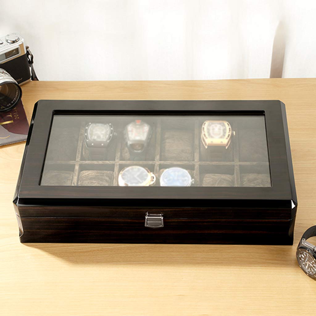 Kissenbezug for Uhrenbox-Organizer – 12 Fächer, luxuriöse Premium-Vitrinen mit gerahmtem Metallverschluss, große Halterboxen for Uhren und Schmuck(Black)