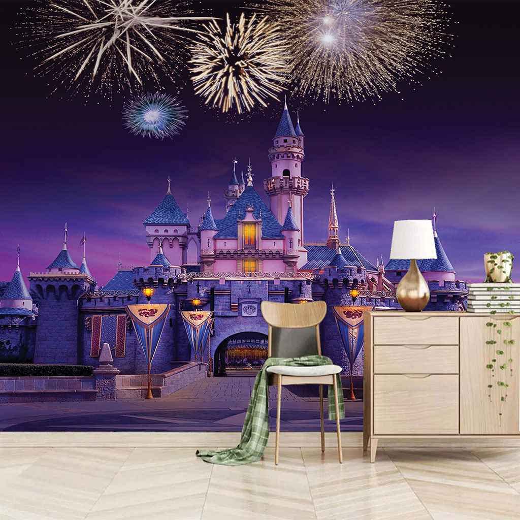 Papier peint photo 3D pour masquer un mur abîmé avec un château violet DIY