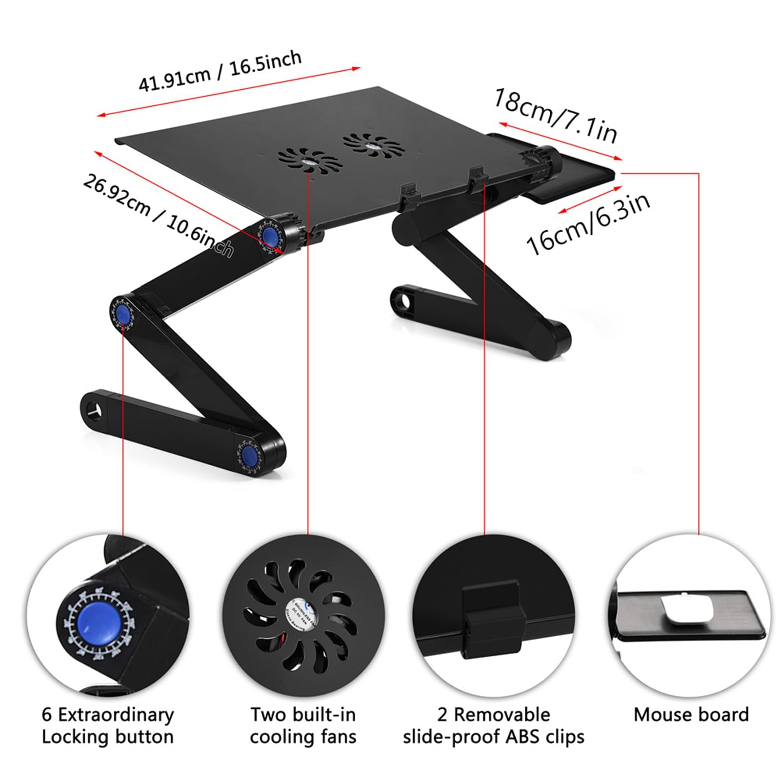 Soporte para Portátil Ajustable 360°, Mesa Plegable de Aleación de Aluminio, con 2 Ventiladores, Carga Máxima 15 kg, Negro