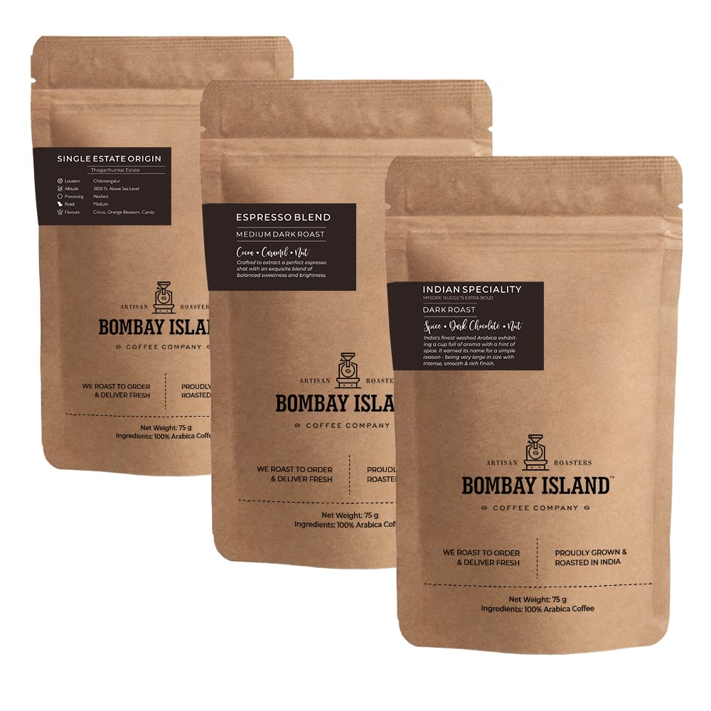 Bombay Island Coffee | Taster Pack | Pack of 3 x 75 Gm | Freshly Roasted 100% Arabica | Aeropress Grind
