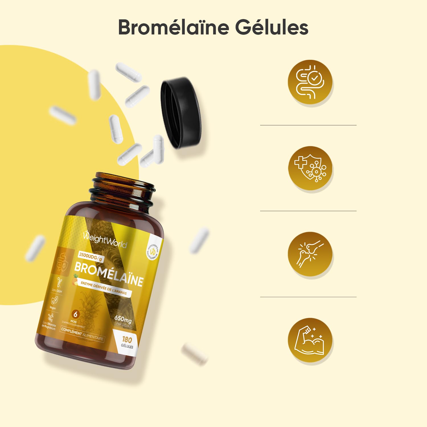 Bromelaine Gélules 650 mg (2500 UDG/g), 180 Gélules, 6 Mois d'Apport, avec Enzymes Digestives Dérivée de la Tige d'Ananas, Source de Manganèse, Cuivre, Vitamine C - Vegan & sans Stéarate de Magnésium