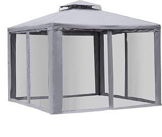 Outsunny 10' x 10' Patio Gazebo Outdoor Pavilion 2 Tire Roof Canopy Shelter Garden Event Party Tent Yard Sun Shade Steel Frame w/Mosquito Netting Grey
