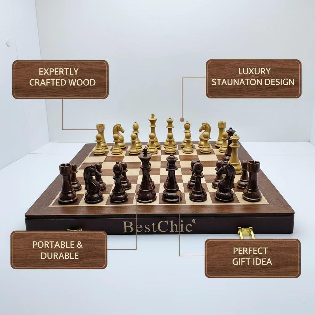 18" Wooden Chess Set with High Polymer Weighted Standard Chess Pieces,Large Deluxe Folding Storage Wooden Chess Board Sets, Premium Board Games for Adults and Kids Enthusiasts