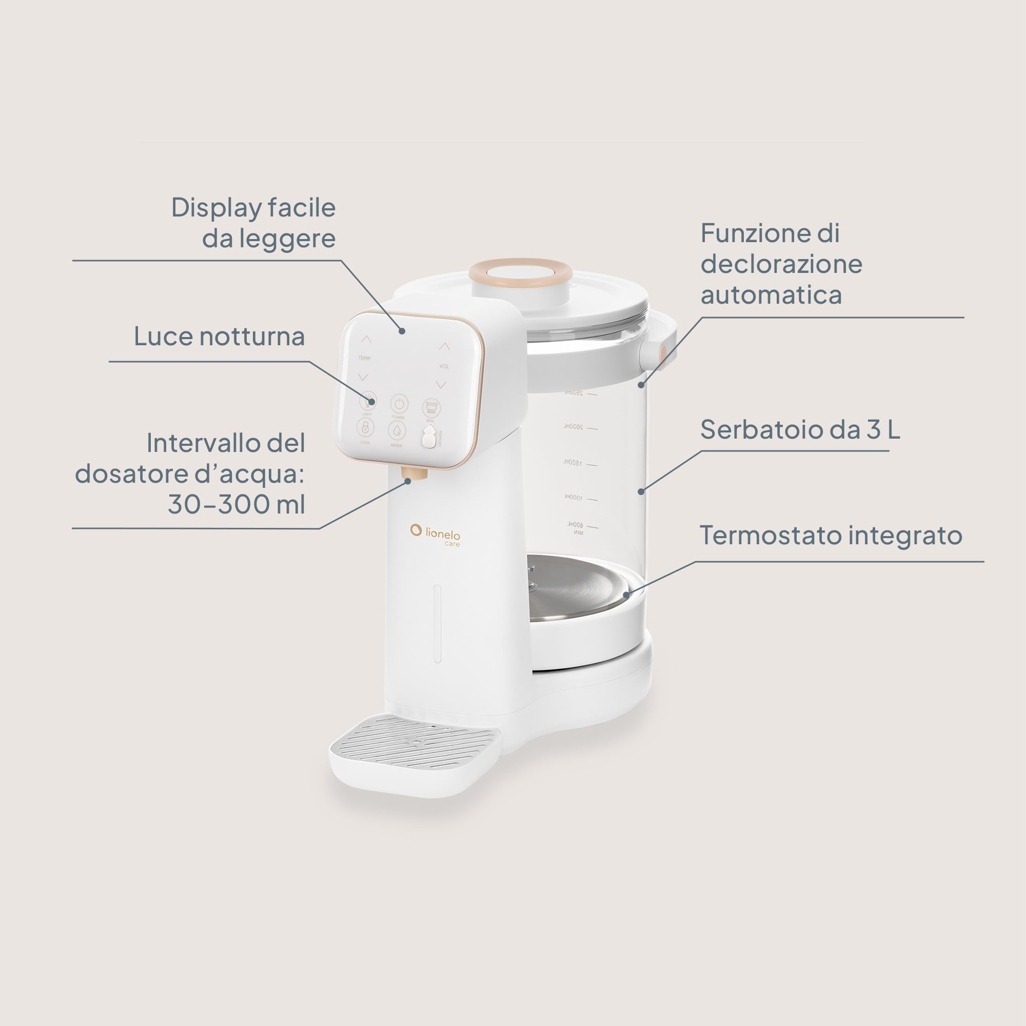 Lionelo BABYPRESTO 2.0 Preparatore Istantaneo di Latte in polvere con Temperatura Regolabile 40-100°C, Dosaggio Automatico 30-300 ml, Formula Scaldabiberon, Dispenser Acqua 3L, Declorazione, Igiene UV