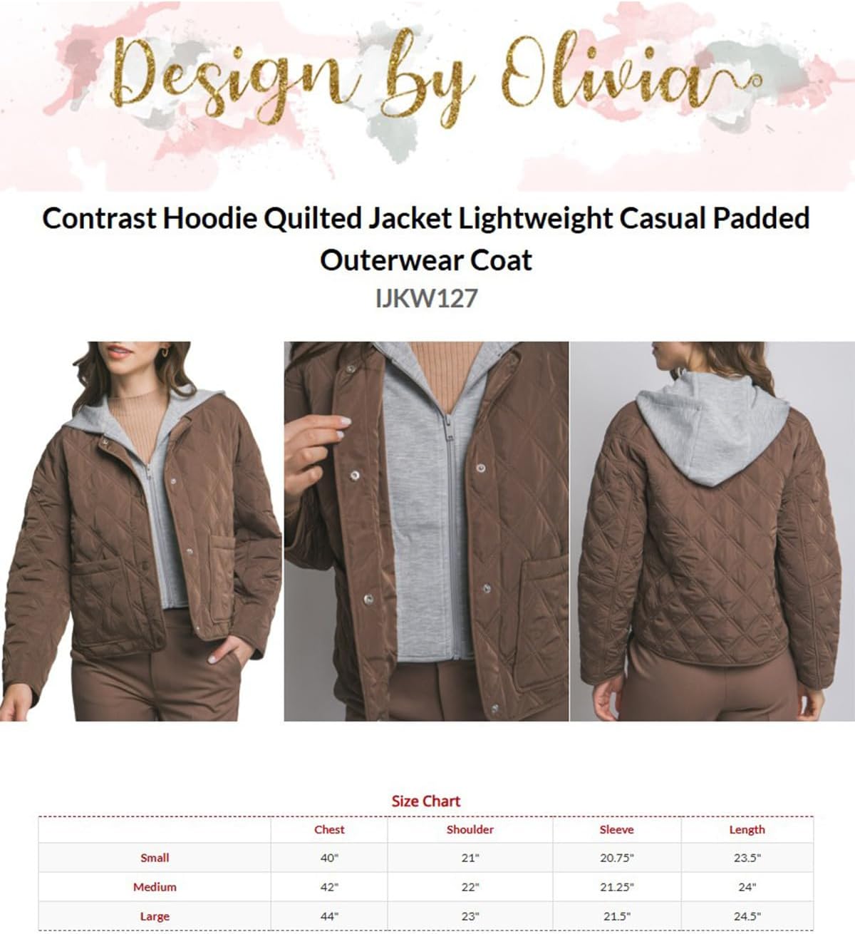 Design by Olivia Women's Contrast Hoodie Quilted Jacket Lightweight Casual Padded Outerwear Coat - Image 7