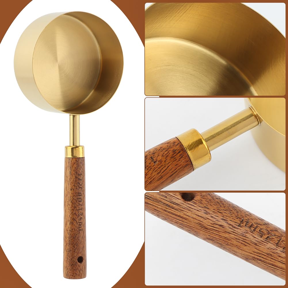 Gold Messbecher und Löffel 8er Set, Stapelbare Edelstahl Messlöffel und Messbecher Set mit Holzgriffen, Trocken- & Flüssigkeitsmessbecher zum Kochen & Backen
