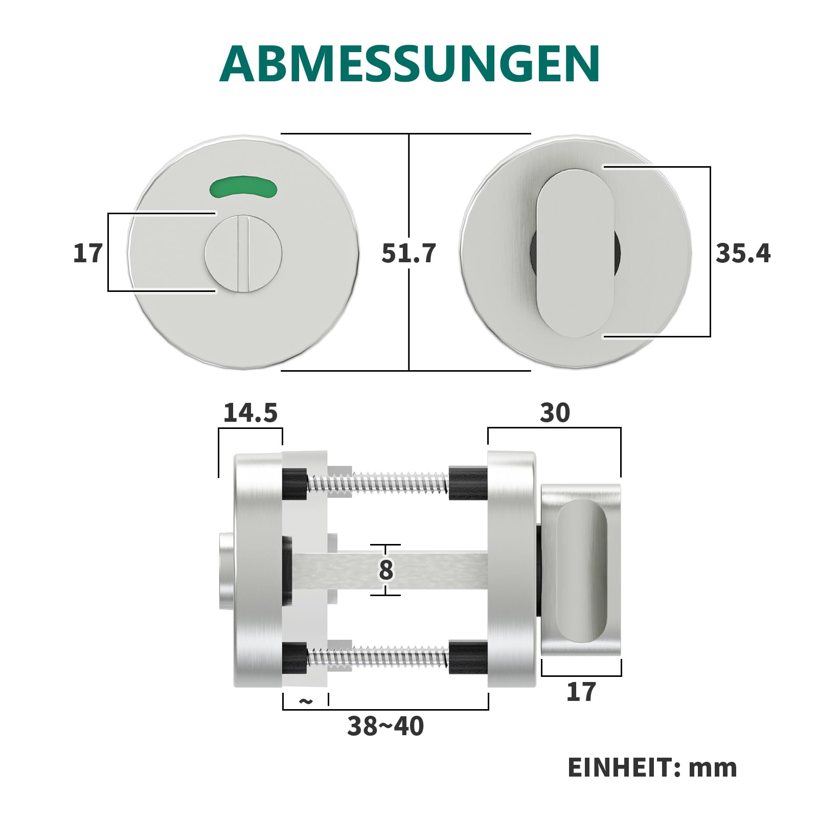 WC Rosette mit Belegtanzeige 2 Set, Badezimmer Türschloss Drehriegel V2A Edelstahl mit Rot/Grün-Anzeige, Vierkant 8x8x60 mm für Türstärke 38-40 mm – Buntbartschloss Ersatz für Bad/WC