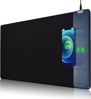 Wireless Charging Mouse Pad 10W, Cloth Desk Pad and Leather Wireless Charger 2in1, Office Desk Mat, Non-Slip Keyboard Mousepad, Wireless Charging Mouse Pad for Office and Home【Blue-31.4" x 11.8"】