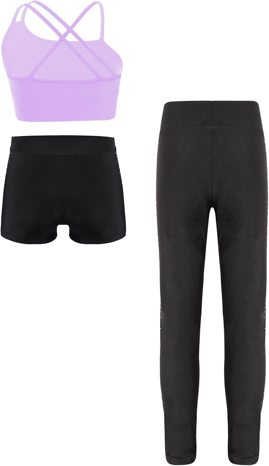 Jugaoge Girls Yoga Sports Outfits Crop Top with Shiny Rhinestones Shorts Practice Skating Leggings Set