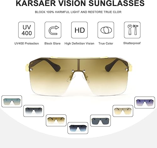 Vista 5 de Karsaer Vision - Gafas de sol de una sola pieza sin marco con estilo de gran tamaño, parte superior plana, elegante, color dorado grande