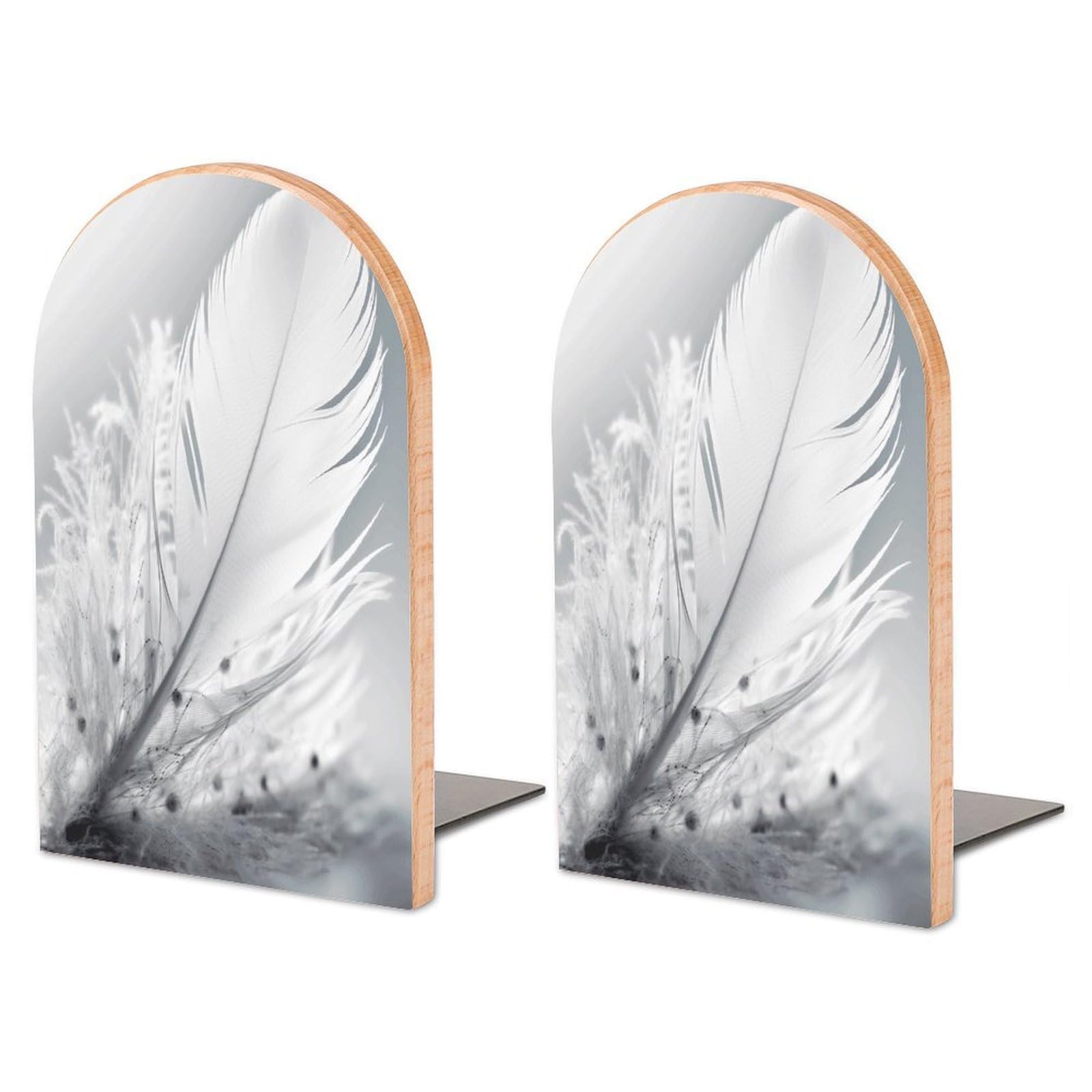 Fluttering White Feathers Wood Bookend for Shelves 1 Pair