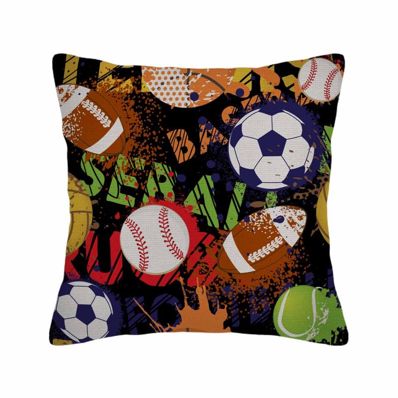 Image of Throw Pillow Covers Sport Pattern with Balls Grunge Design Black Game Pillow Case 18x18 Inch Cushion Cover for Home Party